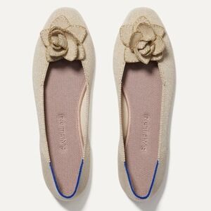 NEW Rothy's Petal Square Flat Light Gold Metallic White Beige Flower Size 9